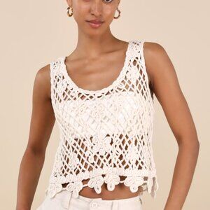 Lulus Taisia Cream Sheer Crochet Knit Tank Top White - Size XS/S